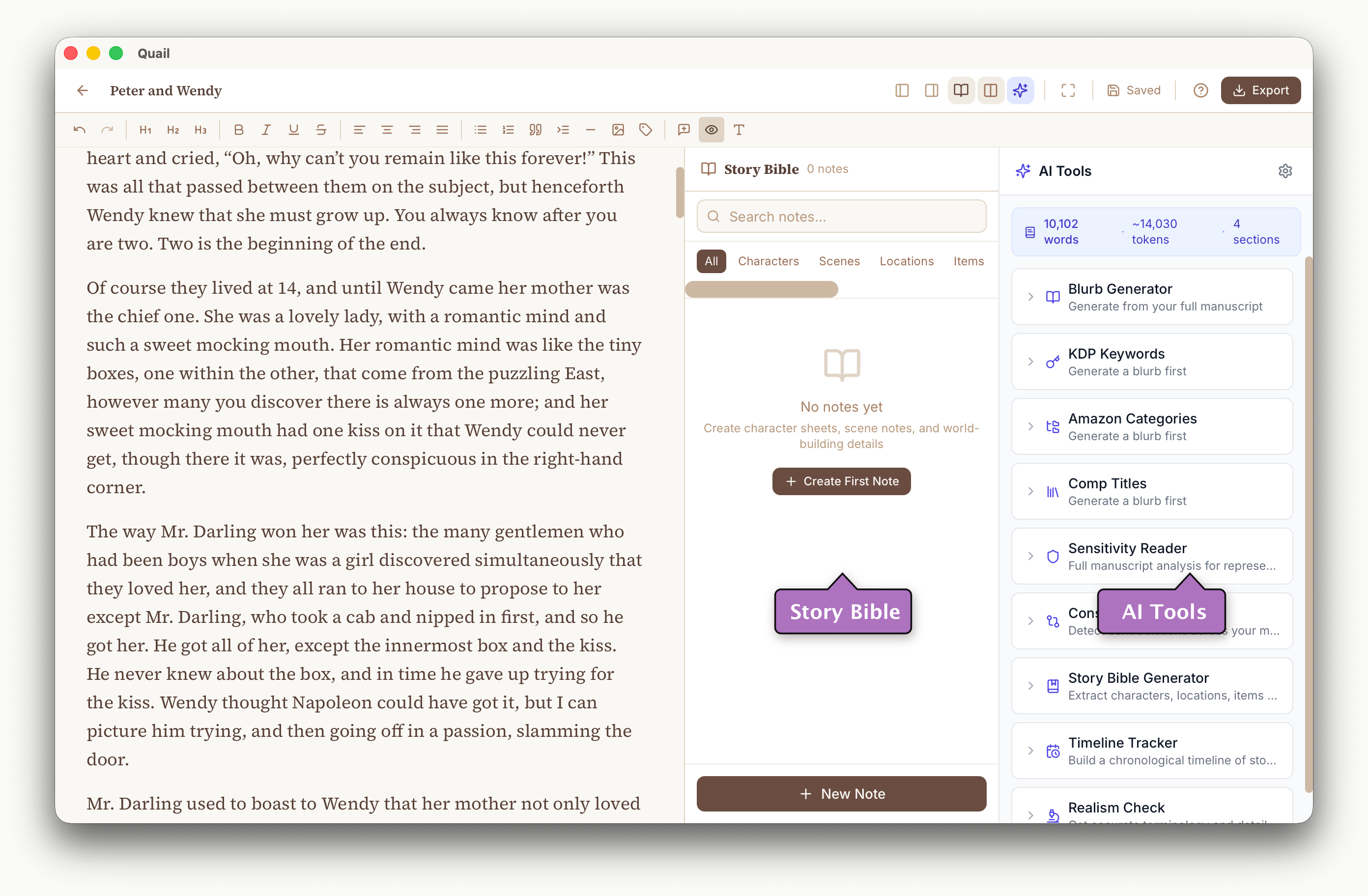 Quail with Story Bible notes panel and AI Tools panel open next to the editor