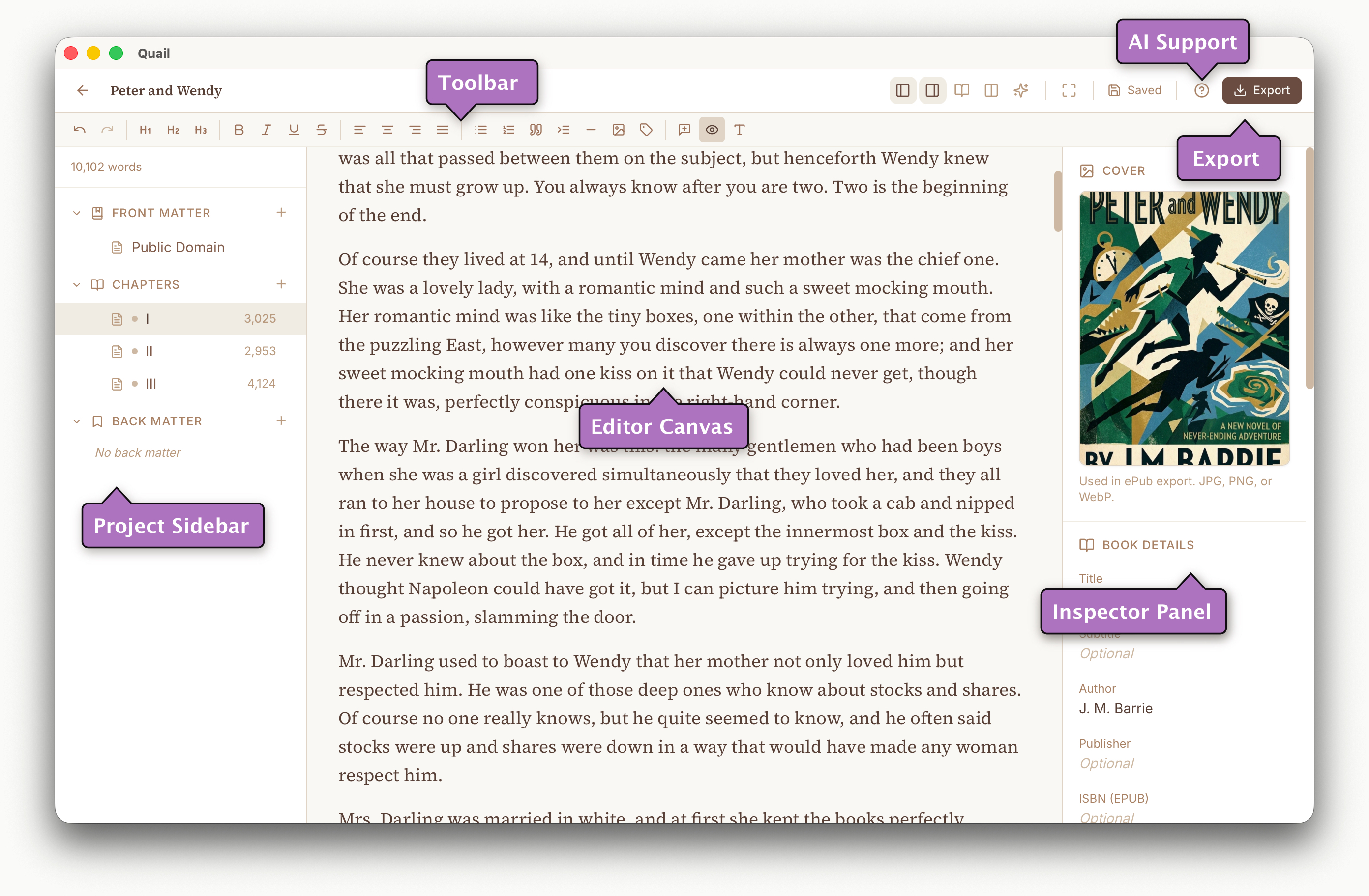 Quail project window: chapter sidebar on the left, rich-text editor and formatting toolbar in the centre, Inspector with cover and book metadata on the right