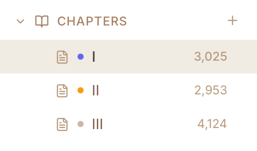 Sidebar showing chapters with coloured status dots — grey for Draft, amber for In progress, emerald for Complete, indigo for Final — and the Inspector status dropdown for the open chapter