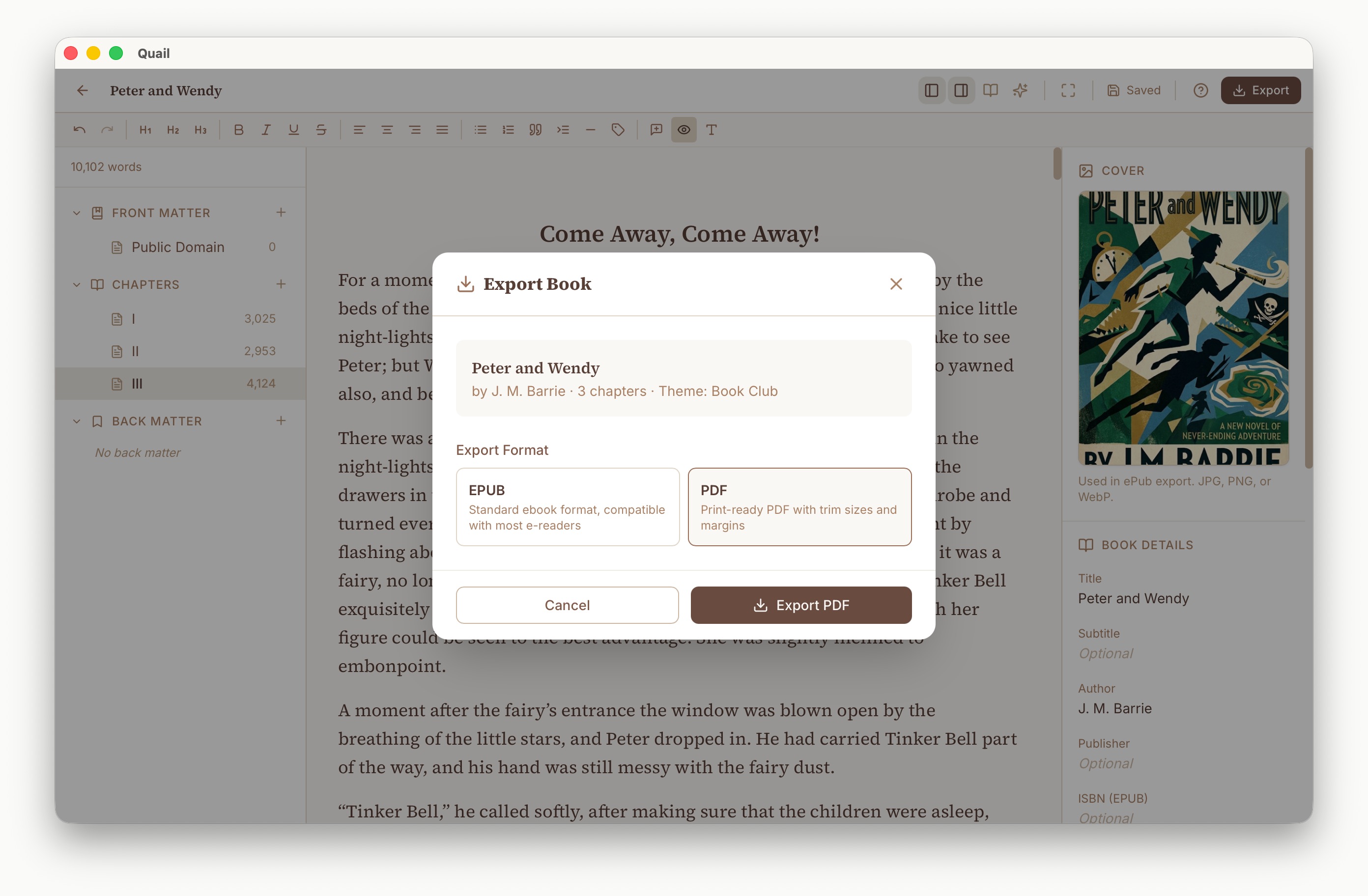 Quail export dialog with EPUB and PDF format choices and export button
