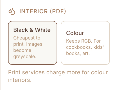 Inspector's Interior (PDF) section showing the Black & White and Colour cards side by side, with Black & White selected and a short note that print services charge more for colour interiors
