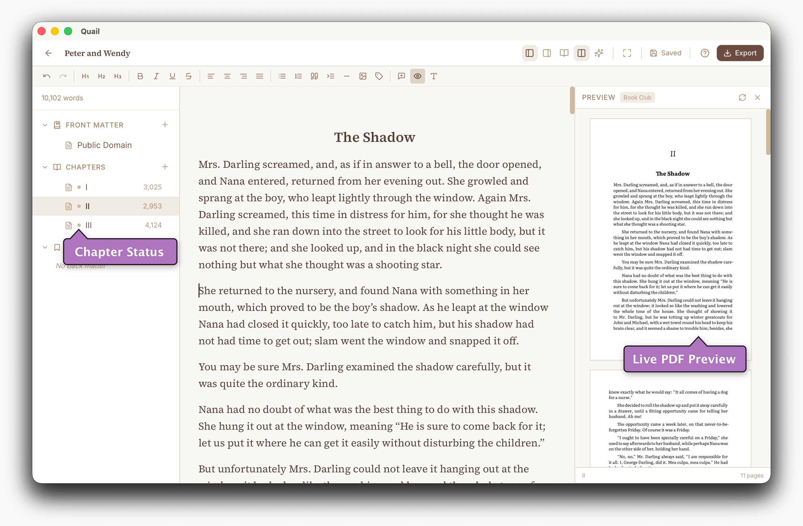 Editor on the left and a typeset PDF preview of the current chapter on the right, showing the same paragraph with the chosen theme's typography applied