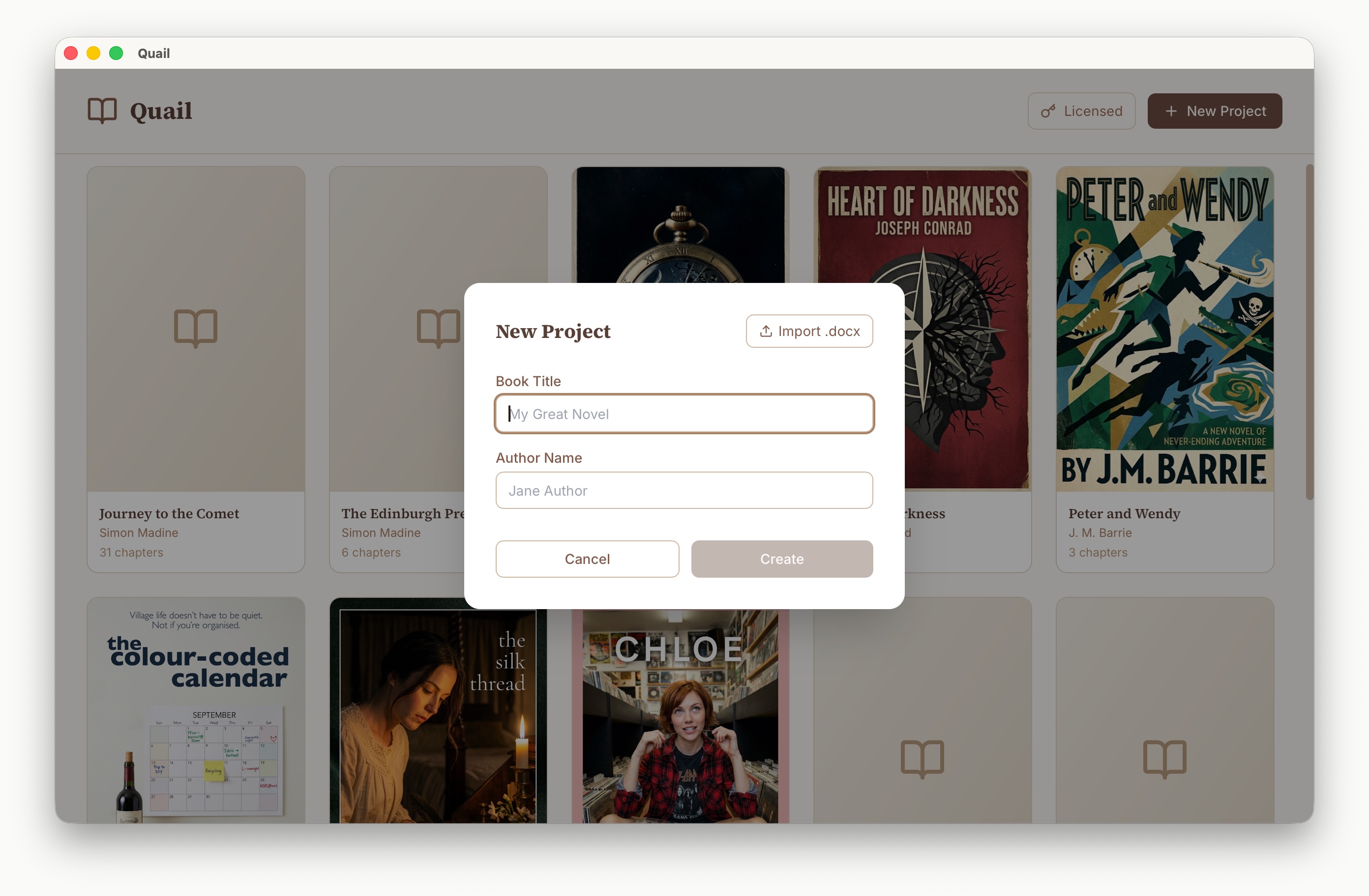 New project dialog in Quail with options to start blank or import from Word