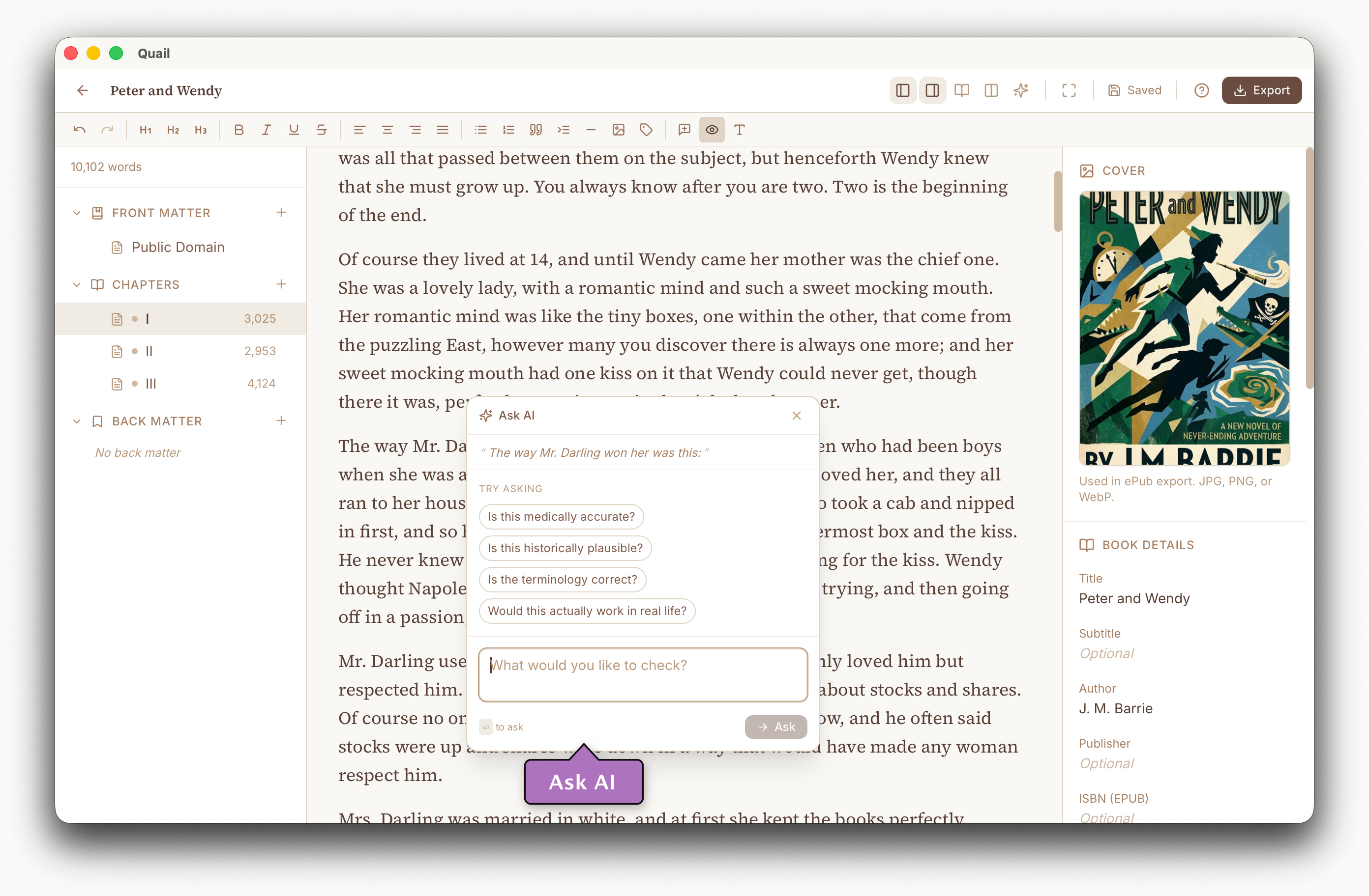 Selected text in the editor with the floating Ask pill above it expanded into a popover showing the quoted passage, suggested prompts, and a textarea for asking the AI a follow-up question